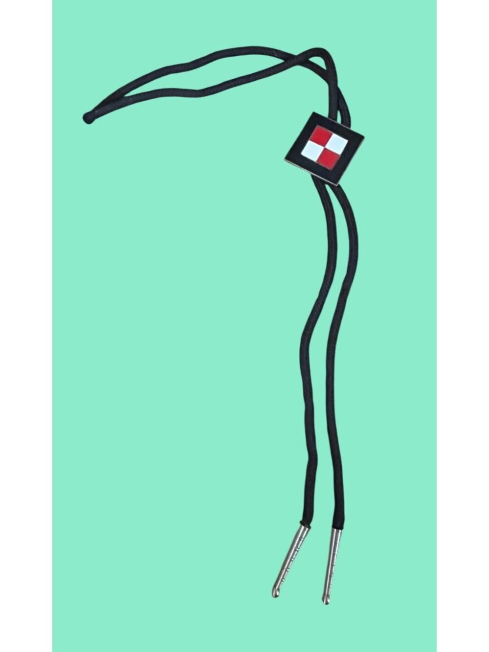 Vintage Black Bolo Tie With Red & White Square Design Silver-Tone Tips